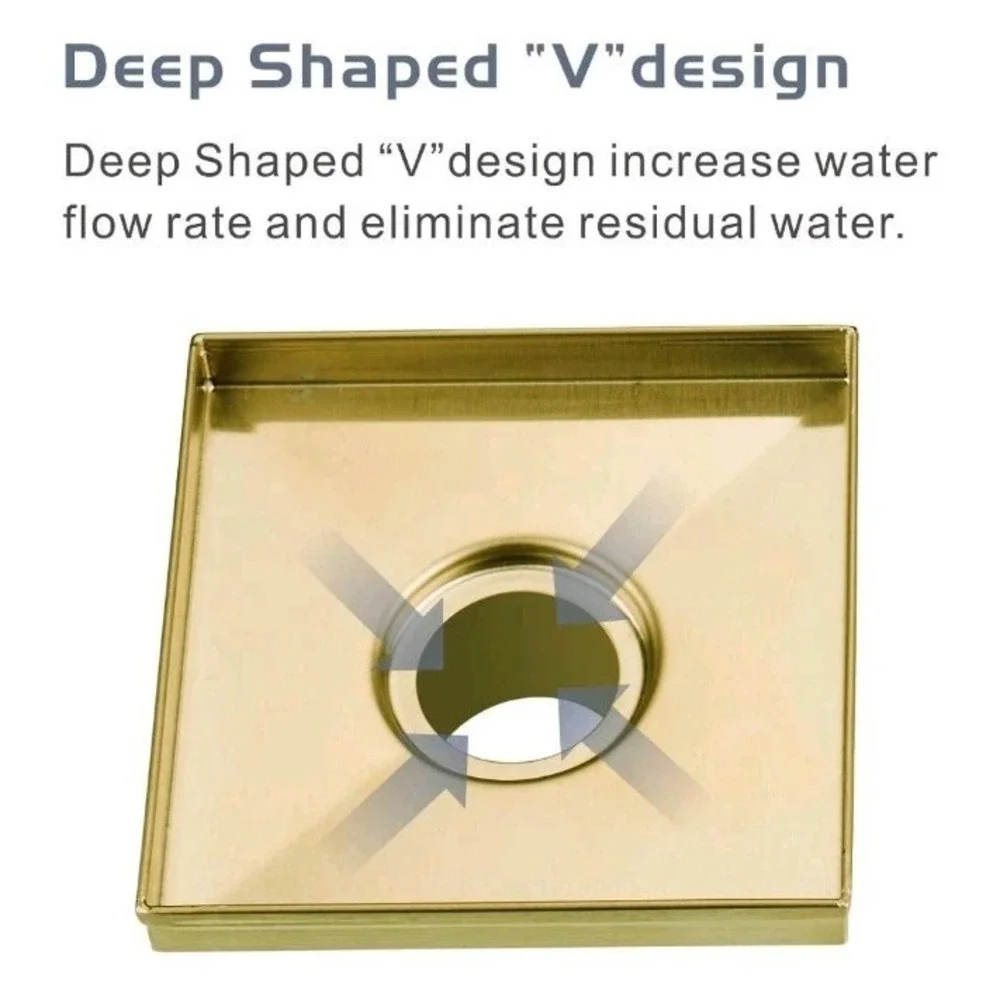 Gold Brushed Shower Drain with Flange  SUS 304 Stainless Steel 6 Inch Square Sh